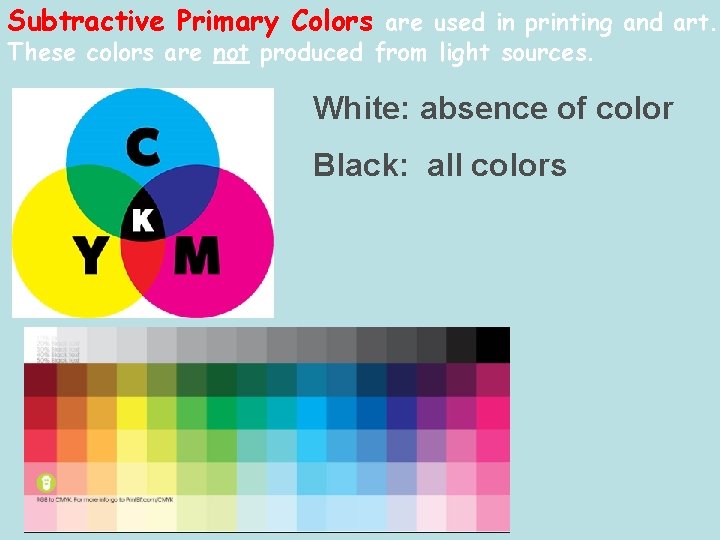 Subtractive Primary Colors are used in printing and art. These colors are not produced