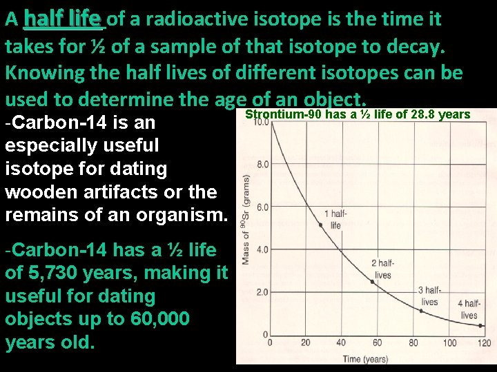 A half life of a radioactive isotope is the time it takes for ½