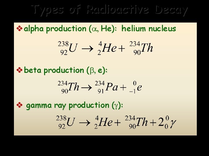 Types of Radioactive Decay v alpha production (a, He): helium nucleus v beta production