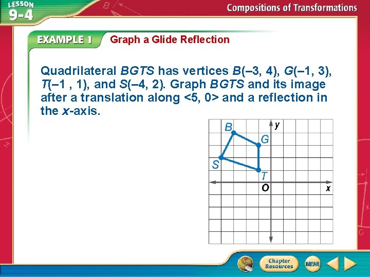 Graph a Glide Reflection Quadrilateral BGTS has vertices B(– 3, 4), G(– 1, 3),