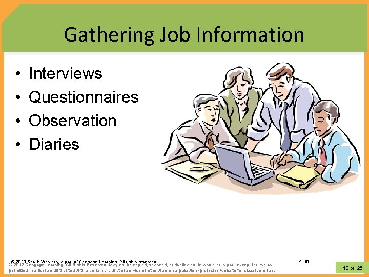 Gathering Job Information • • Interviews Questionnaires Observation Diaries © 2010 South-Western, a part