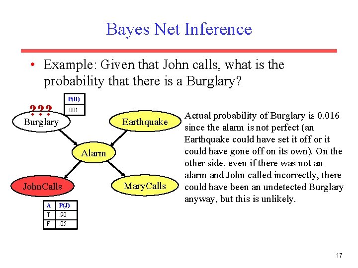 Bayes Net Inference • Example: Given that John calls, what is the probability that Bayes Net Inference • Example: Given that John calls, what is the probability that