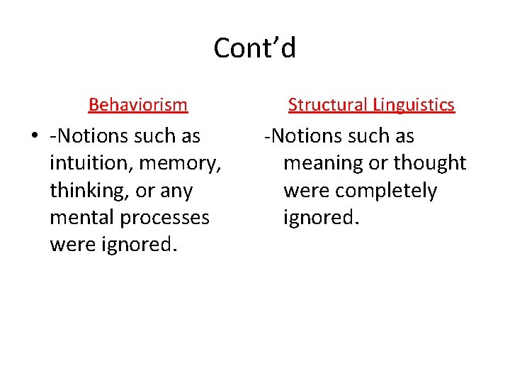 Cont’d Behaviorism • -Notions such as intuition, memory, thinking, or any mental processes were