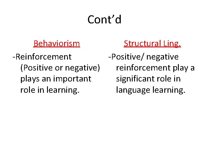 Cont’d Behaviorism Structural Ling. -Reinforcement -Positive/ negative (Positive or negative) reinforcement play a plays