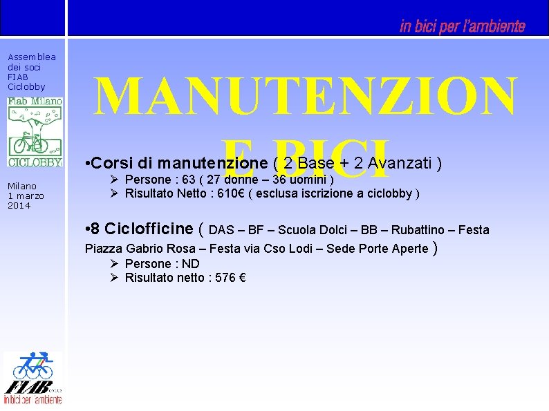 Assemblea dei soci FIAB Ciclobby MANUTENZION E BICI • Corsi di manutenzione ( 2