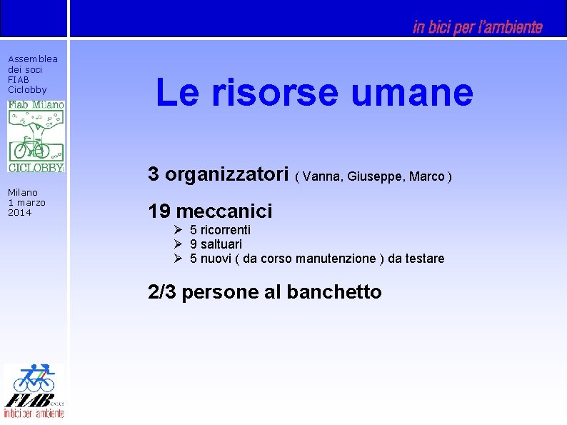 Assemblea dei soci FIAB Ciclobby Le risorse umane 3 organizzatori ( Vanna, Giuseppe, Marco