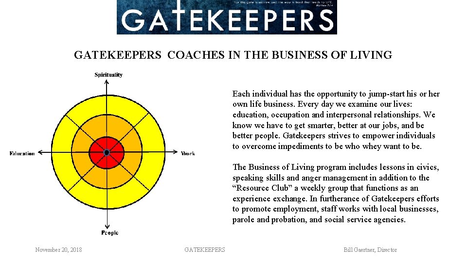 GATEKEEPERS COACHES IN THE BUSINESS OF LIVING Each individual has the opportunity to jump-start