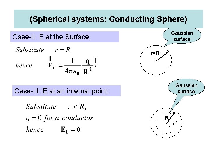 (Spherical systems: Conducting Sphere) Gaussian surface Case-II: E at the Surface; r=R Gaussian surface (Spherical systems: Conducting Sphere) Gaussian surface Case-II: E at the Surface; r=R Gaussian surface