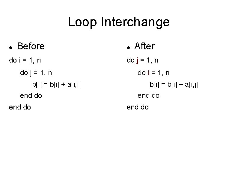 Loop Interchange Before do i = 1, n do j = 1, n After