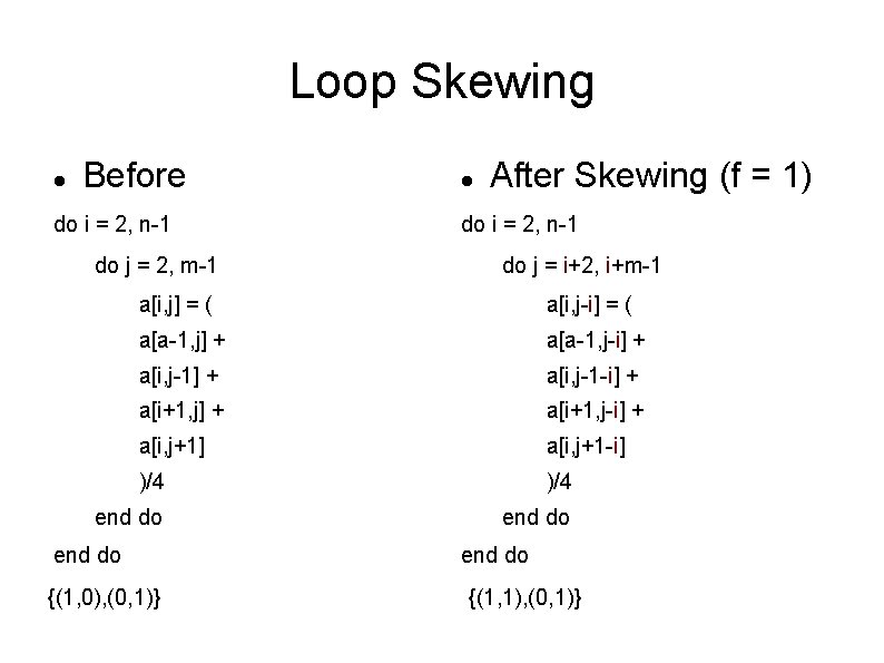 Loop Skewing Before do i = 2, n-1 do j = 2, m-1 After