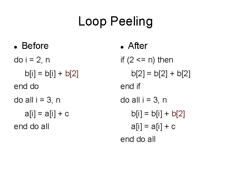 Loop Peeling Before do i = 2, n b[i] = b[i] + b[2] After