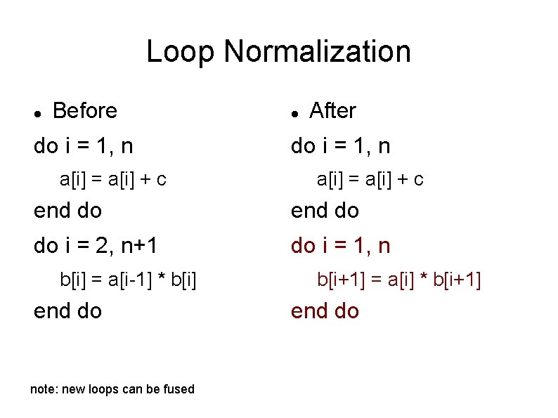 Loop Normalization Before do i = 1, n a[i] = a[i] + c After