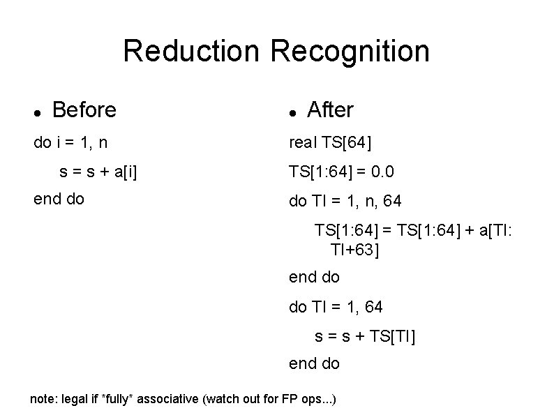 Reduction Recognition Before do i = 1, n s = s + a[i] end