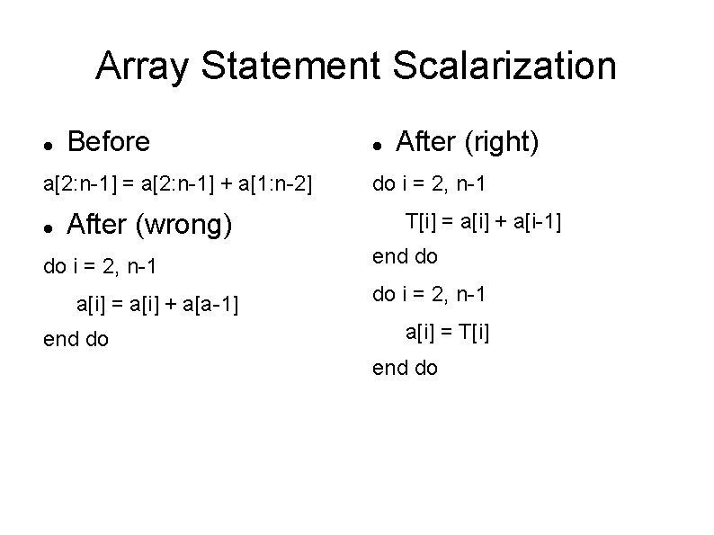 Array Statement Scalarization Before a[2: n-1] = a[2: n-1] + a[1: n-2] After (wrong)