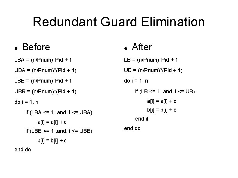 Redundant Guard Elimination Before After LBA = (n/Pnum)*Pid + 1 LB = (n/Pnum)*Pid +