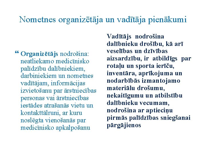 Nometnes organizētāja un vadītāja pienākumi Organizētājs nodrošina: neatliekamo medicīnisko palīdzību dalībniekiem, darbiniekiem un nometnes