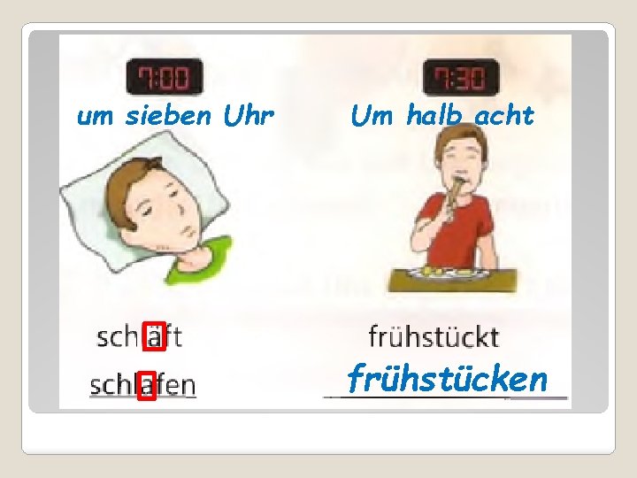 um sieben Uhr Um halb acht frühstücken 