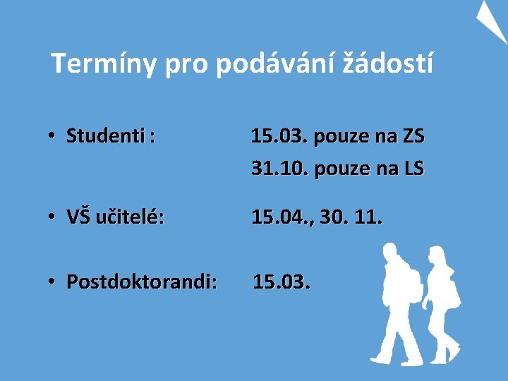 Termíny pro podávání žádostí • Studenti : 15. 03. pouze na ZS 31. 10.