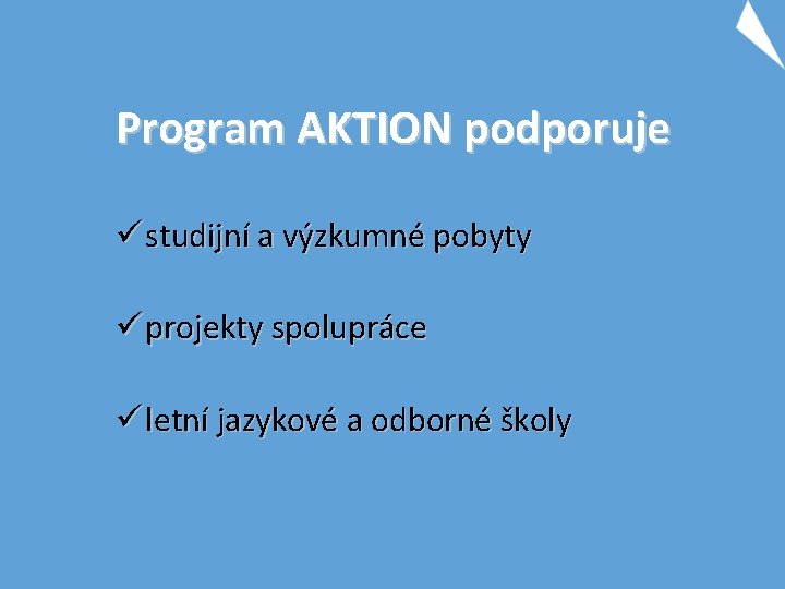 Program AKTION podporuje ü studijní a výzkumné pobyty ü projekty spolupráce ü letní jazykové