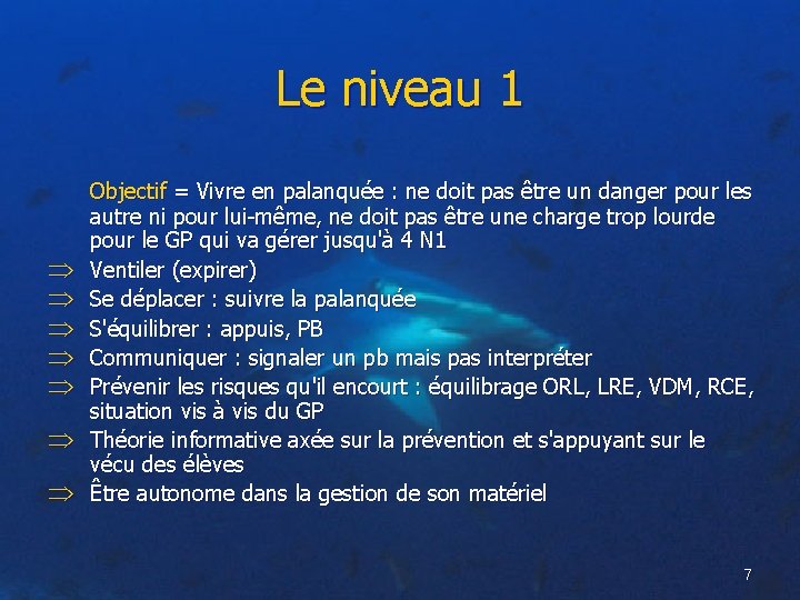 Le niveau 1 Objectif = Vivre en palanquée : ne doit pas être un