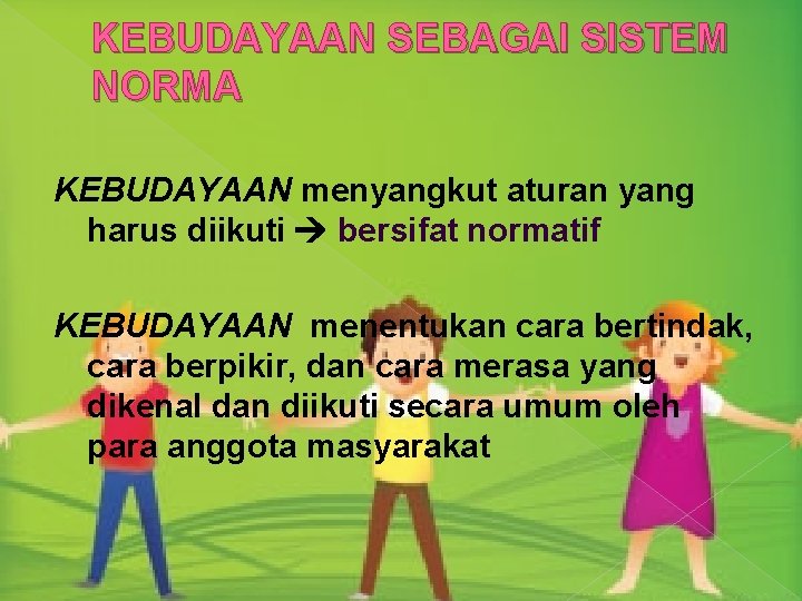 KEBUDAYAAN SEBAGAI SISTEM NORMA KEBUDAYAAN menyangkut aturan yang harus diikuti bersifat normatif KEBUDAYAAN menentukan