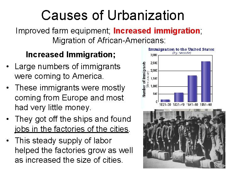 Causes of Urbanization Improved farm equipment; Increased immigration; Migration of African-Americans: • • Increased