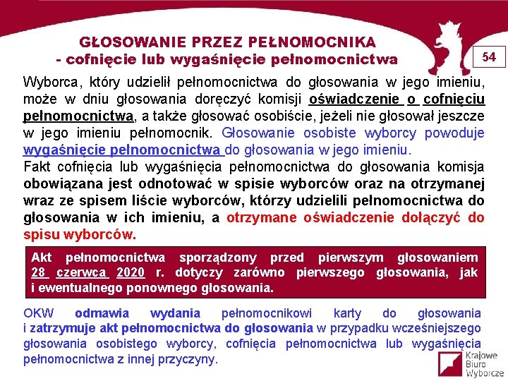 GŁOSOWANIE PRZEZ PEŁNOMOCNIKA - cofnięcie lub wygaśnięcie pełnomocnictwa 54 Wyborca, który udzielił pełnomocnictwa do