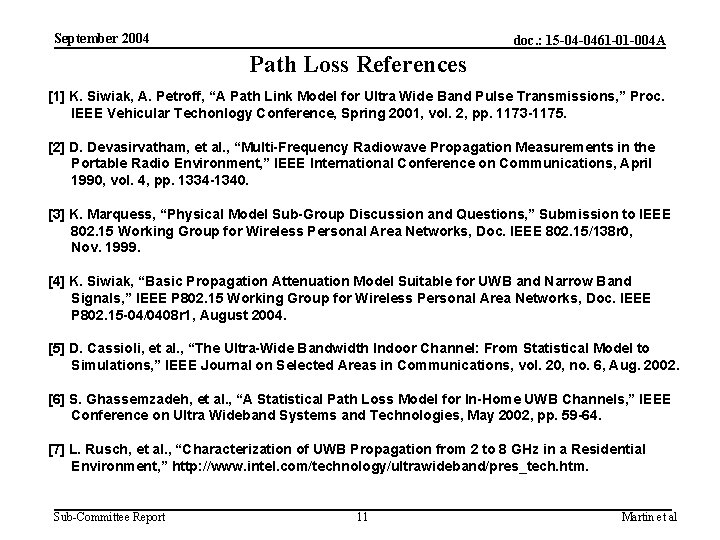 September 2004 doc. : 15 -04 -0461 -01 -004 A Path Loss References [1]