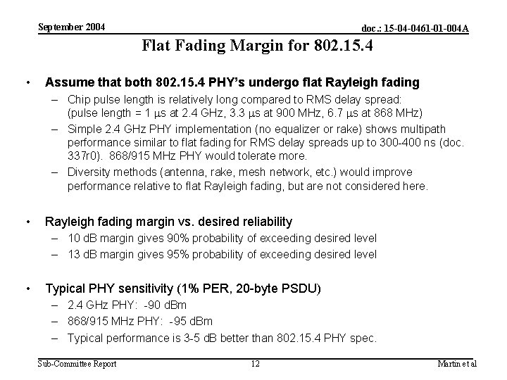 September 2004 doc. : 15 -04 -0461 -01 -004 A Flat Fading Margin for