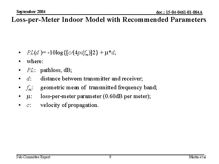 September 2004 doc. : 15 -04 -0461 -01 -004 A Loss-per-Meter Indoor Model with