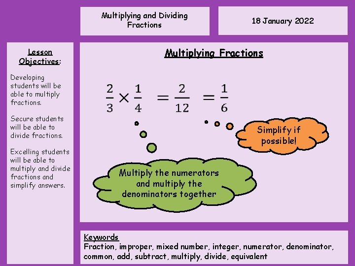 Multiplying and Dividing Fractions Lesson Objectives: 18 January 2022 Multiplying Fractions Developing students will