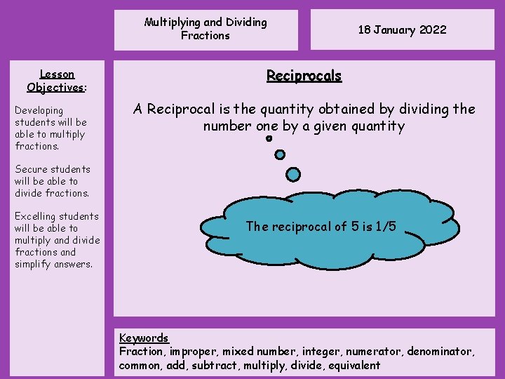 Multiplying and Dividing Fractions Lesson Objectives: Developing students will be able to multiply fractions.