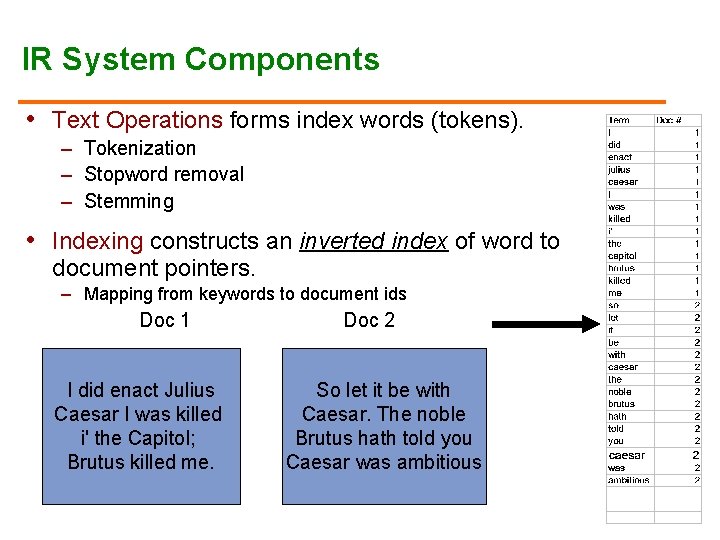 IR System Components • Text Operations forms index words (tokens). – Tokenization – Stopword