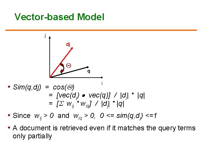 Vector-based Model j dj • Sim(q, dj) = cos( ) q i = [vec(dj)