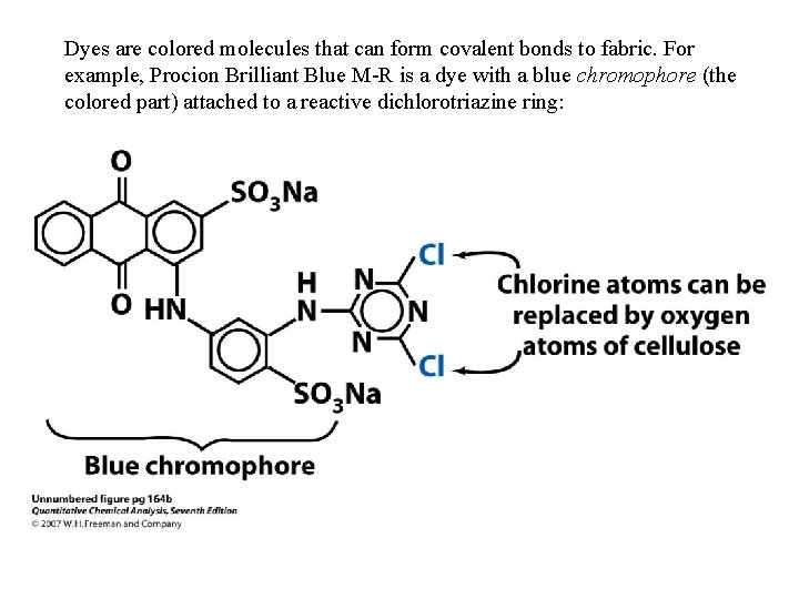 Dyes are colored molecules that can form covalent bonds to fabric. For example, Procion