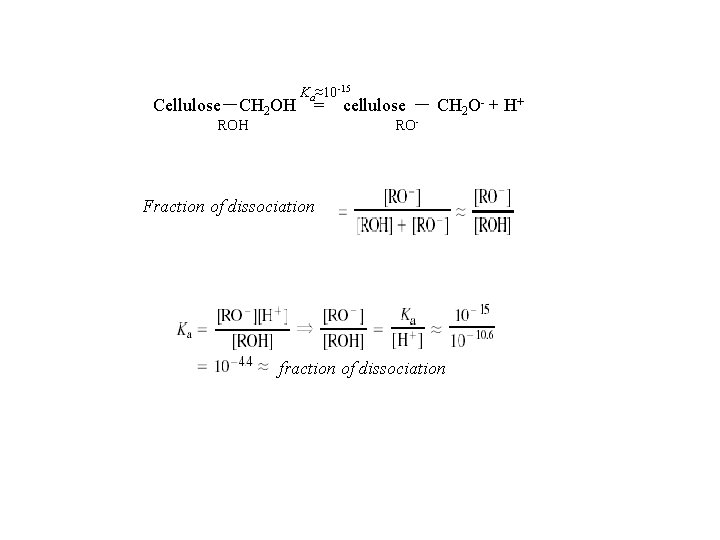CelluloseㅡCH 2 OH Ka≈10 -15 = ROH cellulose ㅡ CH 2 O- + H+
