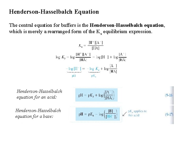 Henderson-Hasselbalch Equation The central equation for buffers is the Henderson-Hasselbalch equation, which is merely