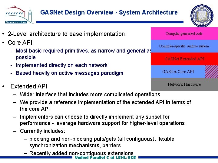 GASNet Design Overview - System Architecture • 2 Level architecture to ease implementation: •
