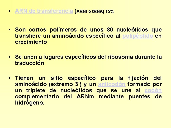  • ARN de transferencia (ARNt o t. RNA) 15% • Son cortos polímeros