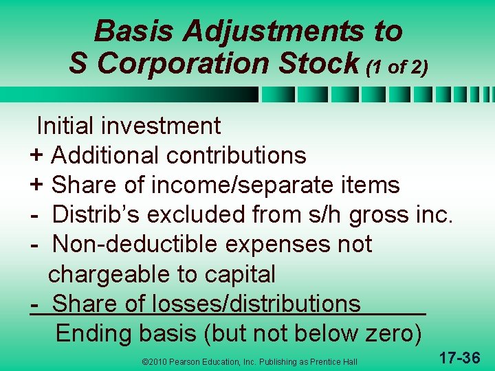 Basis Adjustments to S Corporation Stock (1 of 2) Initial investment + Additional contributions