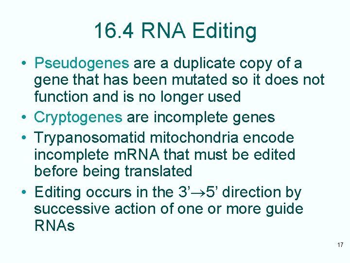 16. 4 RNA Editing • Pseudogenes are a duplicate copy of a gene that