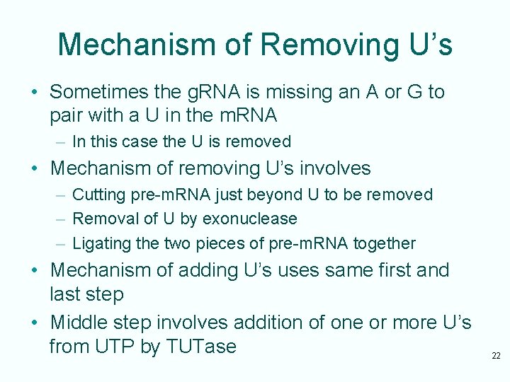 Mechanism of Removing U’s • Sometimes the g. RNA is missing an A or