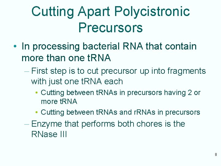 Cutting Apart Polycistronic Precursors • In processing bacterial RNA that contain more than one