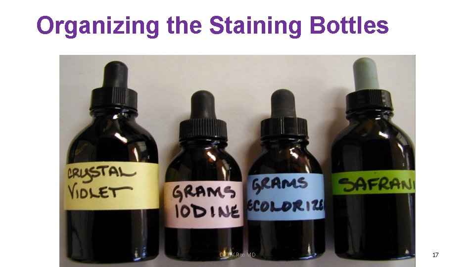 Organizing the Staining Bottles Dr. T. V. Rao MD 17 