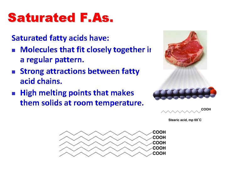 Saturated F. As. Saturated fatty acids have: n Molecules that fit closely together in