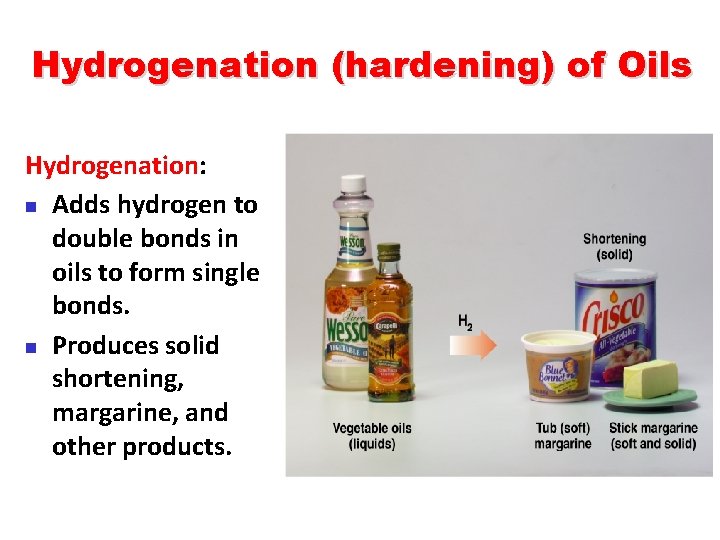 Hydrogenation (hardening) of Oils Hydrogenation: n Adds hydrogen to double bonds in oils to