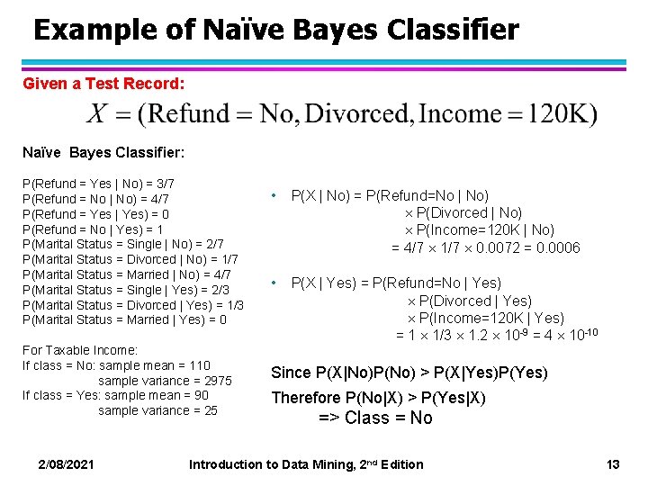 Example of Naïve Bayes Classifier Given a Test Record: Naïve Bayes Classifier: P(Refund =
