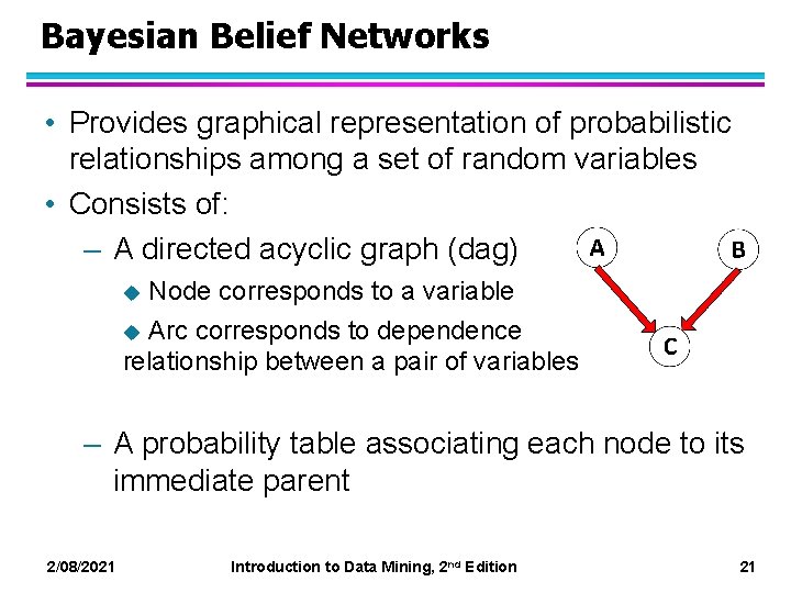 Bayesian Belief Networks • Provides graphical representation of probabilistic relationships among a set of