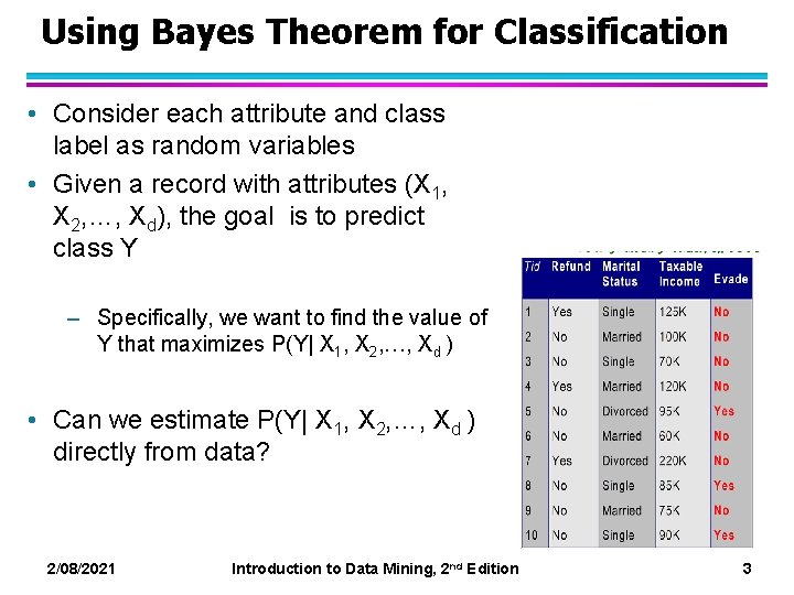 Using Bayes Theorem for Classification • Consider each attribute and class label as random