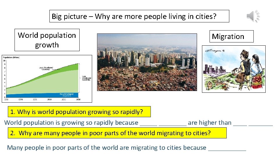 Big picture – Why are more people living in cities? World population growth Migration
